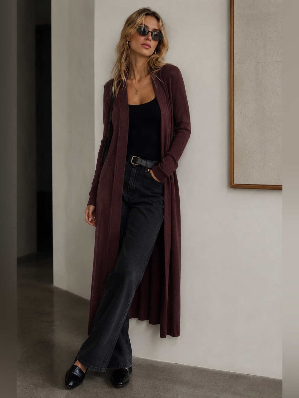 Dynamite Long Open Front Cardigan | Burgundy | Size Medium